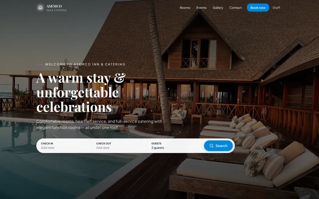 ASEMCO Inn and Catering booking homepage with a room availability search