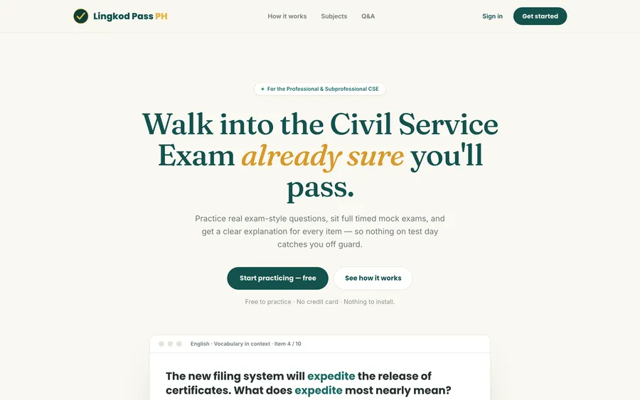 Lingkod Pass civil service exam practice app homepage