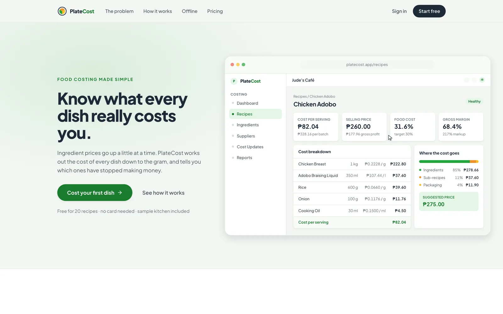 PlateCost landing page showing a recipe cost breakdown for Chicken Adobo with cost per serving, food cost percentage and gross margin