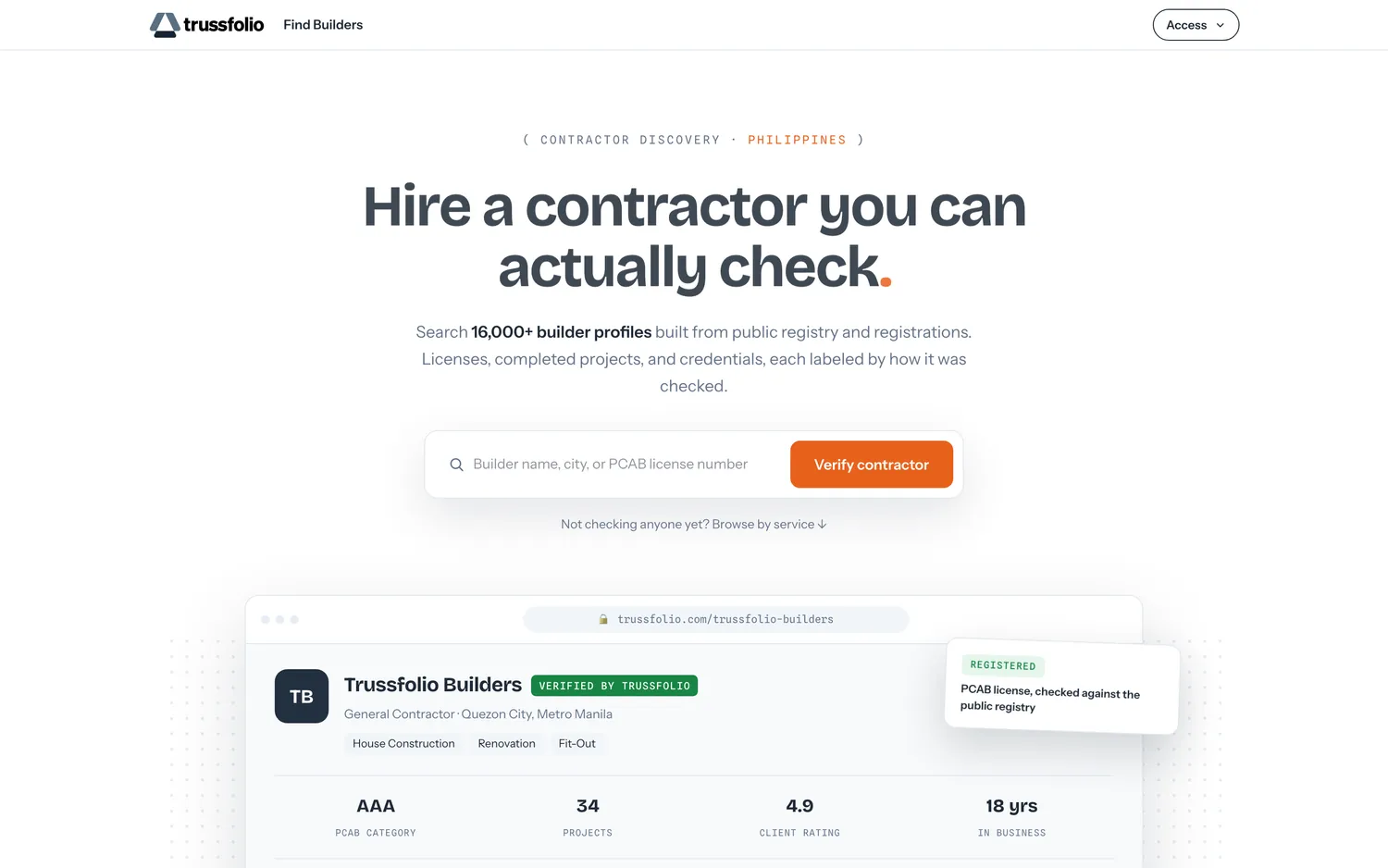 Trussfolio contractor directory homepage